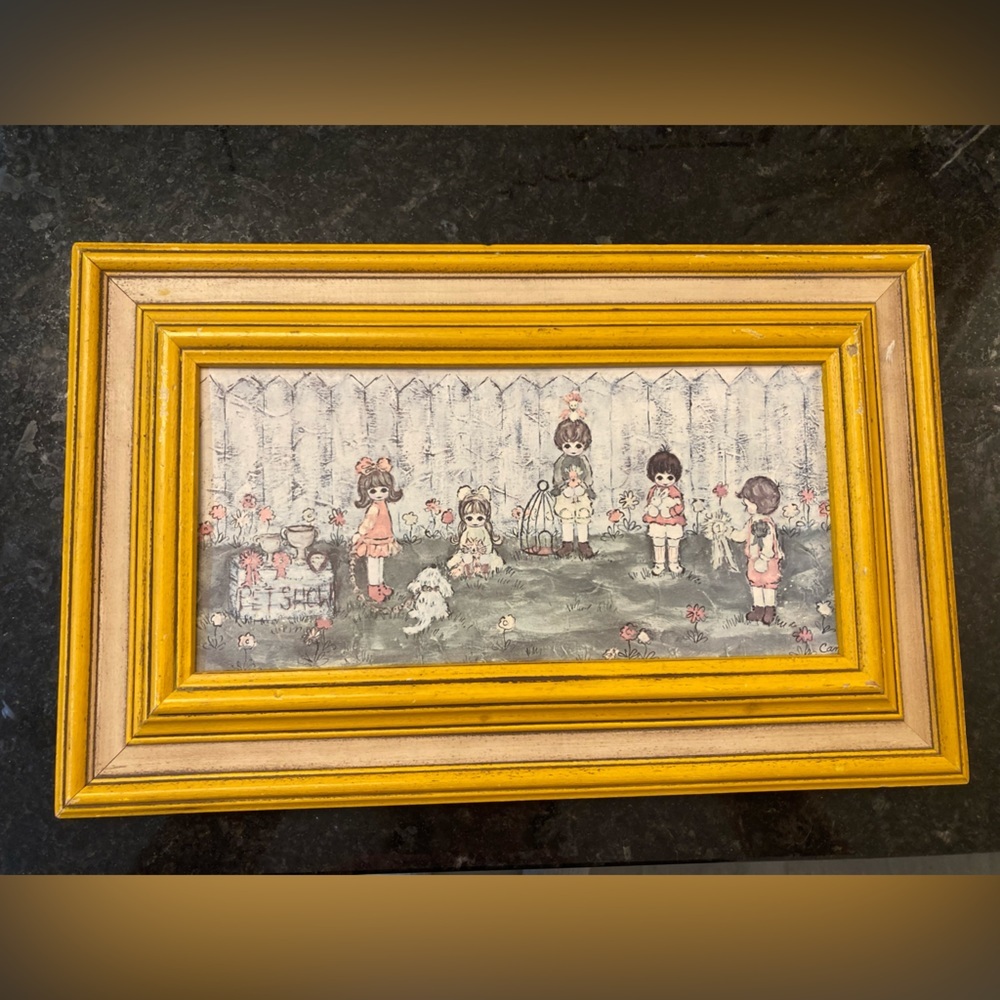1970’s Vintage framed Candi print 16in by 10inch yellow frame.